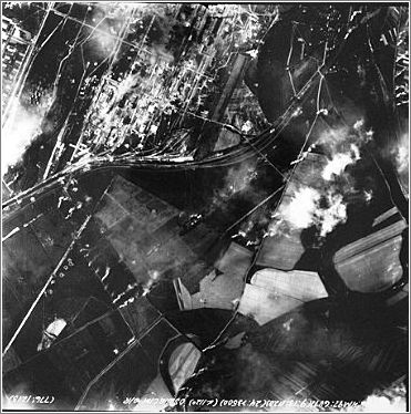 An aerial reconnaissance photograph showing Auschwitz III (Monowitz) and a part of the IG Farben Buna complex